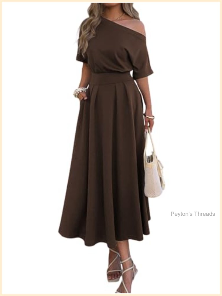 One Shoulder Maxi Dress With Pockets Empire Waist Pleated Formal Casual Loose